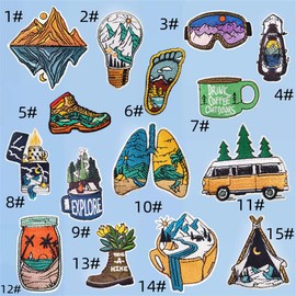 ulricar 15PCS Landscapes Patches DIY Wilderness Trekking Patches On Clothes Outdoor Landscape Iron On Embroidery Patches for Jacket Clothing Stickers Badge, BLUE