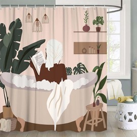 DYNH Boho Fashion Black Girl Afro Art Shower Curtain for Bathroom, Funny Black Girl in Bathtub African American Woman Fabric Bathroom Shower Curtain Set with Hooks,70x70IN