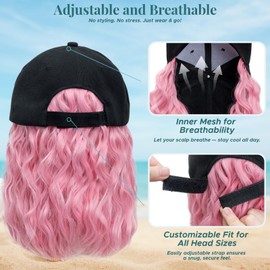MY-LADY Hat Wig Hat with Hair Attached for Women Baseball Cap with Hair Extensions Adjustable Short Wavy Synthetic Hairpiece 8" Black Cap to PINK