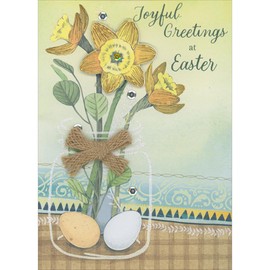 Designer Greetings Gold and Yellow 3D Die Cut Flower, Large Brown Twine Bow, Sequins and Eggs in Jar Hand Decorated Easter Card