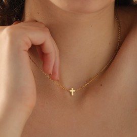 Havopso 18K Gold Plated Simple Cross Necklace for Women Stainless Steel CZ Diamond Cross Faith Rope Chain Pendant Necklace Dainty Minimal Jewelry Confirmation