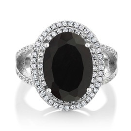 GemStoneKing 6.44 Carat 14X10MM Oval Natural Genuine Black Onyx Women's Ring Solid 925 Sterling Silver Cocktail Ring , Black and White , (SIZE 6)