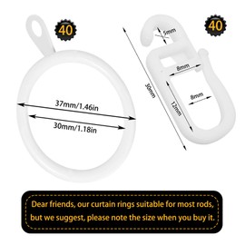 40 Pieces Metal Curtains, Curtain Rings, Curtain Hanging Rings and Plastic Curtain Hooks, 30 mm Inner Diameter for Window Curtain, Bed Curtain, Shower Curtain (White)