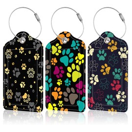 EOBKLAX 3 Pack Cute Paw Luggage Tags for Suitcases,Colorful Paws Dog Footprints Leather Baggage Suitcases Tag Name ID Label Privacy Cover Travel Bag Tags for Women Men Boys Girls
