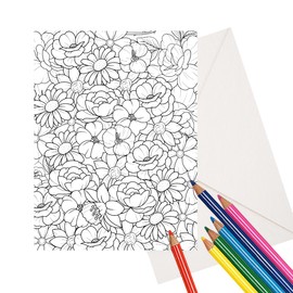 Floral Coloring Cards, 5" x 7", Stationary Set, Adult Coloring Cards, with Sentiments, Black Mats and Envelopes, DIY Greeting Cards Set of 8