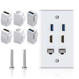 Poyiccot Keystone Wall Plate 6Port for Ethernet HDMI USB Outlet, 2x HDMI + 2x Cat6 RJ45 Ethernet + 2x USB 3.0 Type Female to Female Keystone Face Plate for Cable Wall Plate Cover, White