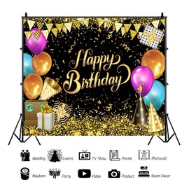 Leowefowa 10x8ft Vinyl Black and Gold Birthday Backdrop with Gold Glitter Sequin for Men Women Kids Baby Shower Party Supplies