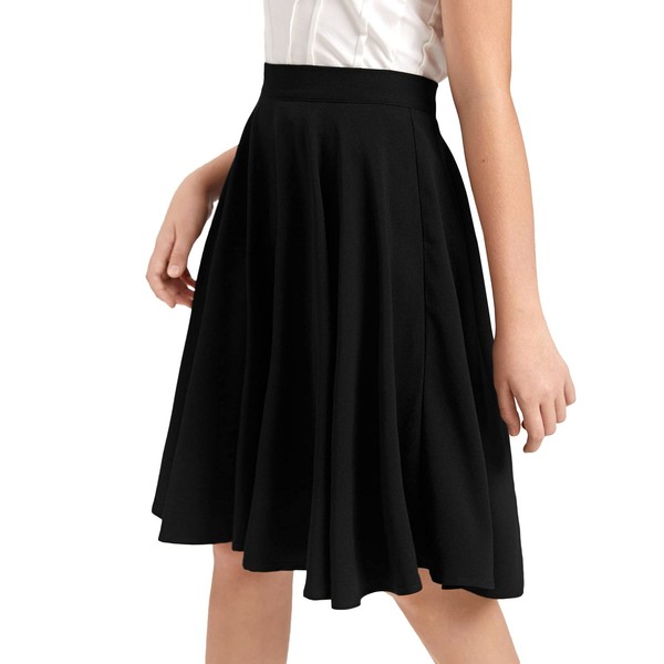 WDIRARA Girl's High Waist Pleated Skater Knee Length Skirt Zip Side Flared Skirt Black 14Y