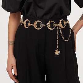 HIQUACC Metal Waist Chain Body Belly Belt Chains Jewelry Accessories for Women Girls (Moon Gold-XL)