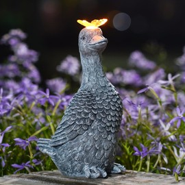 Yeomoo Senger Goose Garden Figures with Butterflies Solar Garden Decoration for Outdoor Use - Funny Goose Solar Animals for Outdoor Garden, Gifts for Women Mum Men Garden Balcony Patio Decor Room Grey