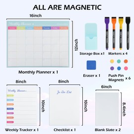 Magnetic Whiteboard for Fridge - 16x12 & 10x8 Dry Erase Calendar Board with 2 Bonus 8.4x6 Boards | Weekly/Monthly Planner, Reusable Fridge Calendar Magnet, Family Schedule (Eraser+Marker)