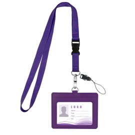 Vicloon Card Holder with Lanyard, 2-Sided PU Leather ID Badge Holder with ID Window and Card Slot Neck Lanyard Strap Office Lanyard Detachable Lanyard ID Badge Holder for Keys(Purple)