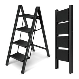 HillhutApex 4 Step Ladder, Lightweight Foldable 4 Step Stool with Anti-Slip Wide Pedal, 330lbs Capacity Aluminum Ladder for Household,Office,Garage(Black)