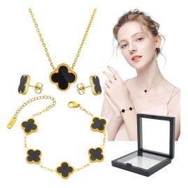AOKUN 4pzs Collar Y Pulsera Y Aretes Trébol Para Mujer 18k Color Negro Regalos de San Valentín