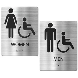 ADA Restroom Sign With Braille-2pk Bathroom Door Signs,Self-Stick Men And Women Handicap Bathroom Sign for Business Office And Restaurant, Brushed Aluminum 8" x 6"