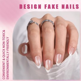 24PCS Deep White French Tip Press On Nails - Nude Pink Fake Nails For Women - Oval Shape Stick On Set Premium ABS Material 12 Sizes With Glue Complete DIY Manicure Kit For Art Lovers