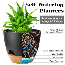 SE SUN-E Indoor Pots for Plant Self Watering Plant Pots for Lazy People, 8/7.57/6.5/6/5.5/5 Inch,Black Plastic Self Watering Planter for All Houseplants,Succulent, African Violets, Flowers and Cactus