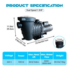GarveeLife 1.5HP Swimming Pool Pump, 2-Speed, 220V Above/In Ground Pool Pump, 1100W Powerful Copper Motor Self Priming Pool Pump Silent Operation, with Unions, Strainer Basket, UL Certified