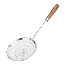 Strainer Spoon Long Wooden Handle 304 Stainless Steel Anti Scald Safe Slotted Ladle for Kitchen Cooking Frying Spaghetti Small(10.8x6.5in)