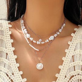 MOEEIJEW Layered Seashell Necklace for Women Conch Shell Pendant Necklace Pearl Beaded Chain Necklace Beach Ocean Jewelry (Conch)