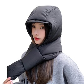 IBLUELOVER Women Winter Down Hooded Scarf Hat Warm Beanie Hat Neck Warmer Thicken Earflap Trapper Hat Windproof Peaked Cap for Cycling Hiking Skiing,56-58cm Black