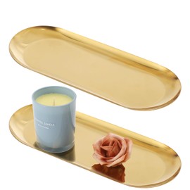 2Pack Gold Decorative Trays Bathroom Vanity Tray for Dresser Counter, Stainless Steel Jewelry Dish Cosmetics Organizer, Perfume Ring Key Candle Organizer Tray, Oval, Gold