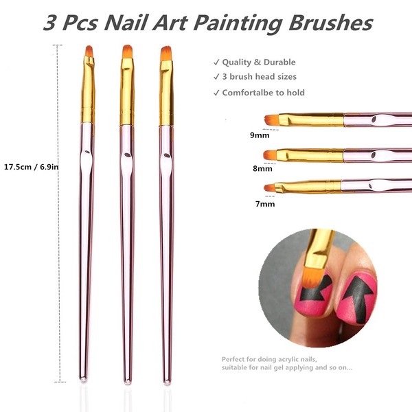 FULINJOY 3 Pcs Rose Gold Round Nail Art Brush Set Nail Painting Brush Manicure Tool UV Gel 3D Nail Brush Pens(7mm/8mm/9mm)