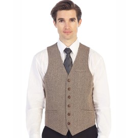 Gioberti Men's 6 Button Formal Herringbone Tweed Vest, Herringbone Khaki, Small