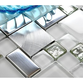 Hominter Modern Silver White Glass and Metal Mosaic Tile – Polished and Textured Design Water Resistant for Kitchen Backsplash, Bathroom Walls, Accent Decor (5 Square Feet)