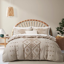 Oli Anderson Tufted Duvet Cover King Size, Soft and Lightweight Duvet Covers Set for All Seasons, 3 Pieces Boho Embroidery Shabby Chic Bedding Set (Khaki, King, 104"x90")