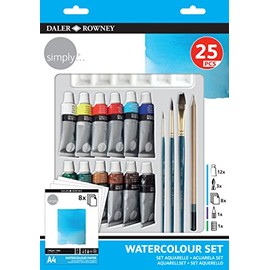 Daler-Rowney Simply Watercolour Paint 25pcs Technique Set, 12 x 12ml Assorted Colours, Ideal for Entry-Level Artists & Hobbyists