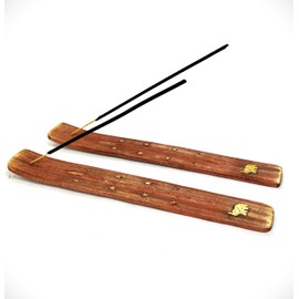 Incense Holder - Wooden Ash Catcher with Celestial Design with Brass Design 2 x Incecense Stick Holder