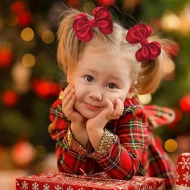 Zolyco Tiny 3 Inch Hair Bow Clips Thick Ribbon - Cute Lined Boutique Alligator Hairpin for Girls, Toddlers, and Little Teens - Kids Barrettes Set of 2 Small Stylish (Red)