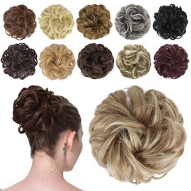 FESHFEN Messy Hair Bun Hair Pieces Elastic Wavy Curly Hair Bun Scrunchies Extensions Synthetic Chignon Hairpieces for Women Girls, Mixed Blonde and Ash Blonde Tips 1 PCS