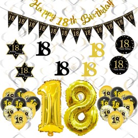 Funnaura 31 Pcs Black Gold 18th Birthday Decorations for Boys Girls Set with Happy 18th Birthday Banner