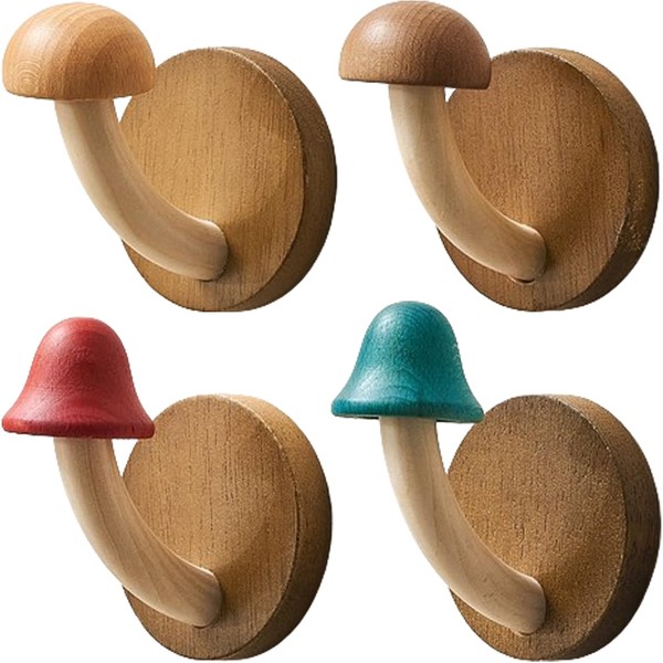 YANQINQIN Mushroom Wall Hooks,Wooden Hanging Hooks for Towels,Hats, Coats-No Drilling