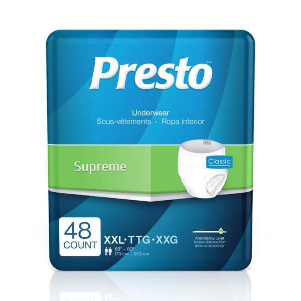 Presto Supreme Breathable Incontinence Underwear for Women and Men - Disposable, Odor Eliminator, XX-Large - 48 ct (4 Bags of 12)