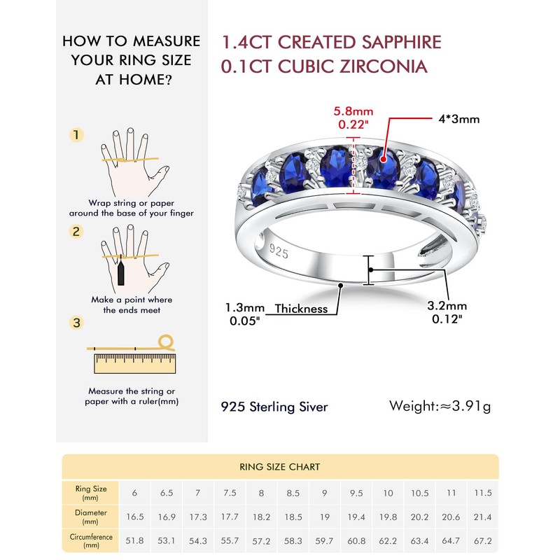 DAYBYDAY Sapphire Band Ring Oval Eternity Ring 925 Sterling Silver