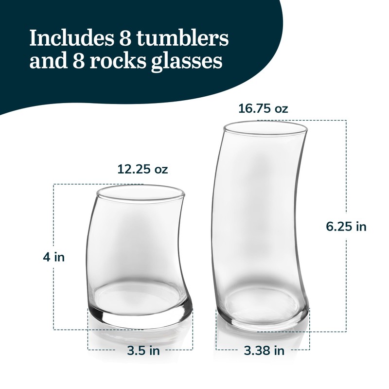 Libbey Swerve Drinking Glasses Set of 16, Chip-Resistant Tumbler and