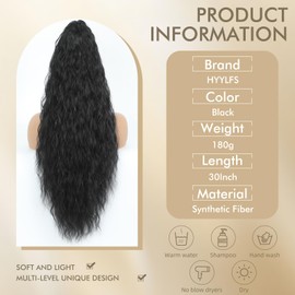HYYLFS Claw Clip in Ponytail Extension 30 Inch Long Wave Curly Pony Tail Hair Extensions for Women fluffy Natural Looking Synthetic Hairpiece for Daily Use(Black, 30Inch)