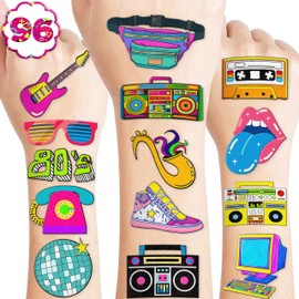 96 PCS Back to the 90s 80s Temporary Tattoos Themed Birthday Party Decorations Supplies Favors Decor Cute Retro 1990s 1980s Tattoo Stickers Gifts for Games Kids Girls Boys School Prizes Carnival