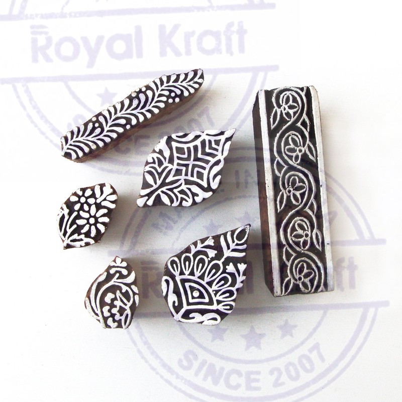 Leaf and Floral Pattern Wooden Blocks for Printing (Set of