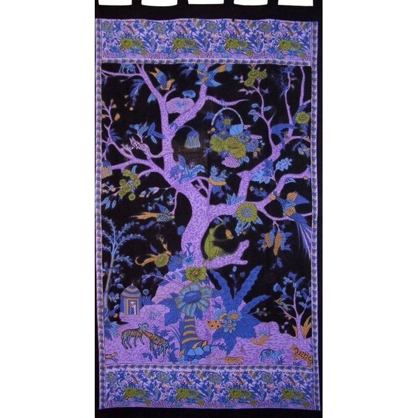India Arts Tree of Life Tab Top Curtain Drape Panel Cotton 44" x 88" Purple Black