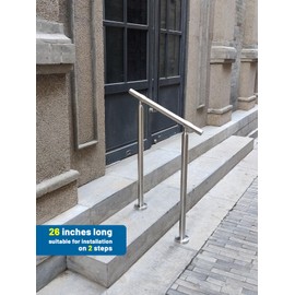 ZALNVEY 1-2 Step Stair Railing, Handrail for Indoor Outdoor Steps, 1.65 in Round DIY 304 Stainless Steel Transitional Porch Deck Hand Rail with Installation Kit for Seniors, Silver, 26 x 36 in