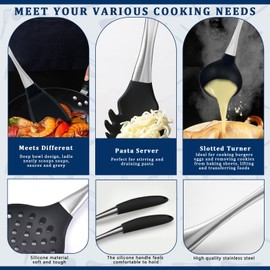 8Pcs Silicone Cooking Utensils Set, Silicone Kitchen Utensils Set with Stainless Steel Handle, Dishwasher Safe, Heat Resistant,Utensil Sets for Cooking (Black)