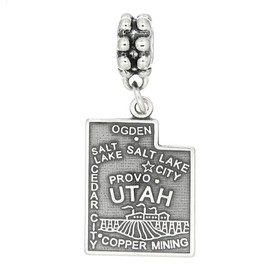 LGU Sterling Silver Oxidized Dangling European Bead Travel State Map of Utah Bead Charm