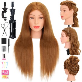 Mannequin Head with 80% Human Hair Cosmetology Practice Doll Head for Braiding Cutting Styling 26-28” Manikin Head with Tools and Tripod Stand (Blonde)