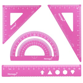 Honagu Triangular Ruler Set, 4 Pieces Aluminum Alloy Ruler, Metal Drafting Ruler, Geometric Protractor for Students, Draftsmen, Engineers, Home School Office Supplies (15cm/5.9inches, Pink)