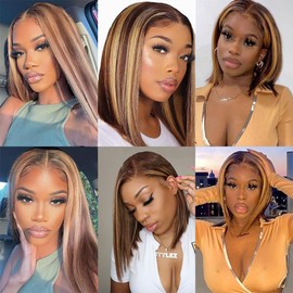 Unvizossa Ombre Highlight 8 Inch Bob Wig Human Hair Straight 4/27 Highlight 13x4 Hd Transparent Lace Frontal Wigs Human Hair Pre Plucked With Baby Hair