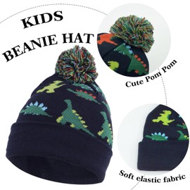 NATUST 3Pcs Boys Hat Scarf Gloves Set Kids Pompoms Beanie Cap Knitted Scarf Gloves Cartoon Dinosaur Print Winter Accessories Sets Navy 2-10 Years
